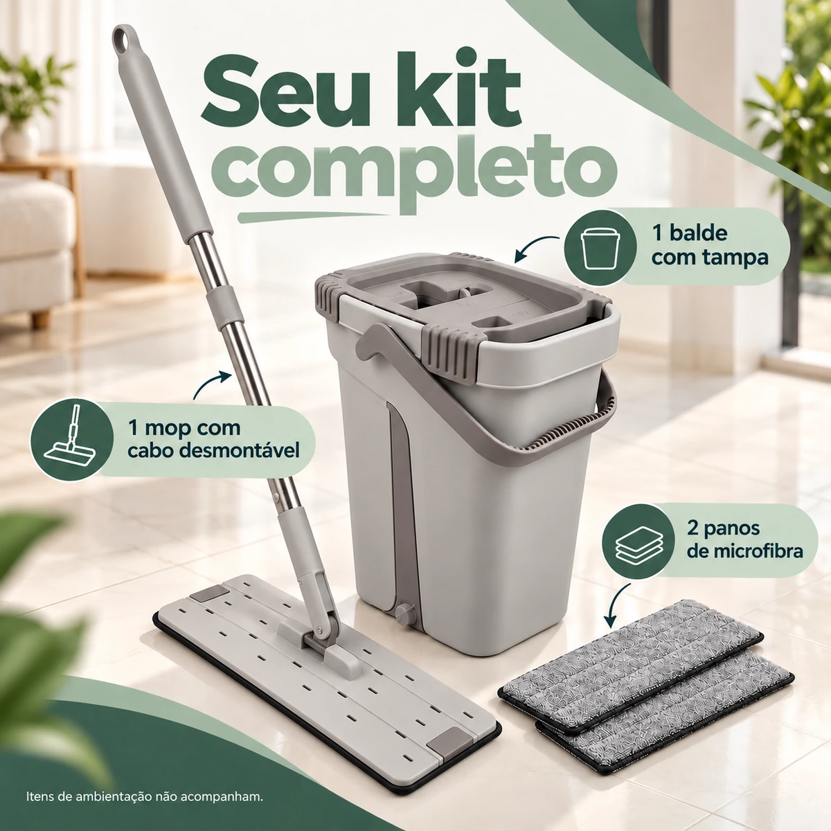 Itens que acompanham Mop Flat com Balde e 2 Panos de Microfibra