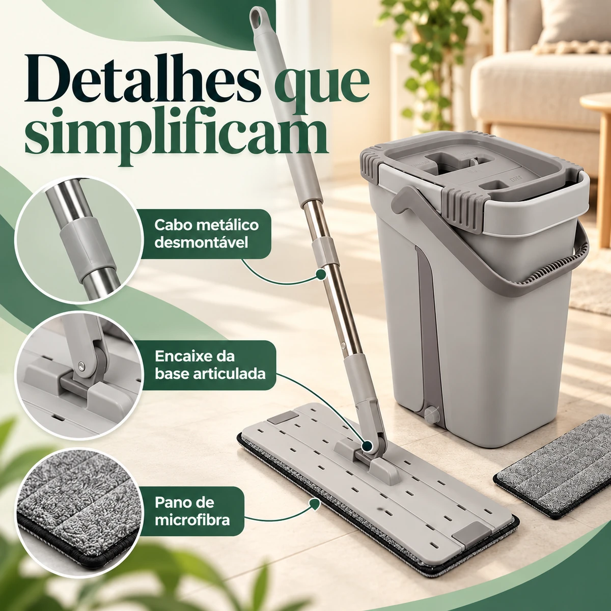 Detalhes de construção, materiais ou ajustes de Mop Flat com Balde e 2 Panos de Microfibra